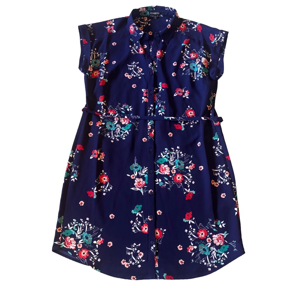 Express Womens Portofino Shirt Dress Navy Floral Short Sleeve Collared M